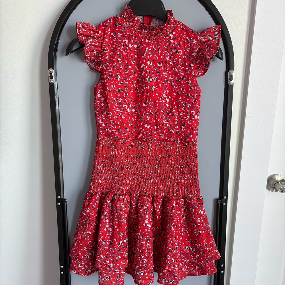 Girls Red Floral Smocked Dress with Ruffle Hem